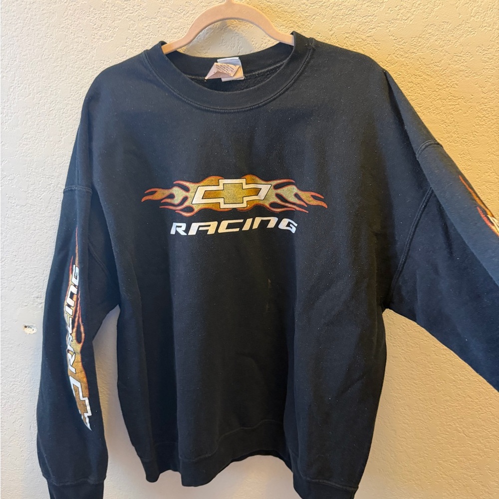 Chevy Racing Graphic Sweatshirt XL Black Flame Logo Y2K Style Oversized